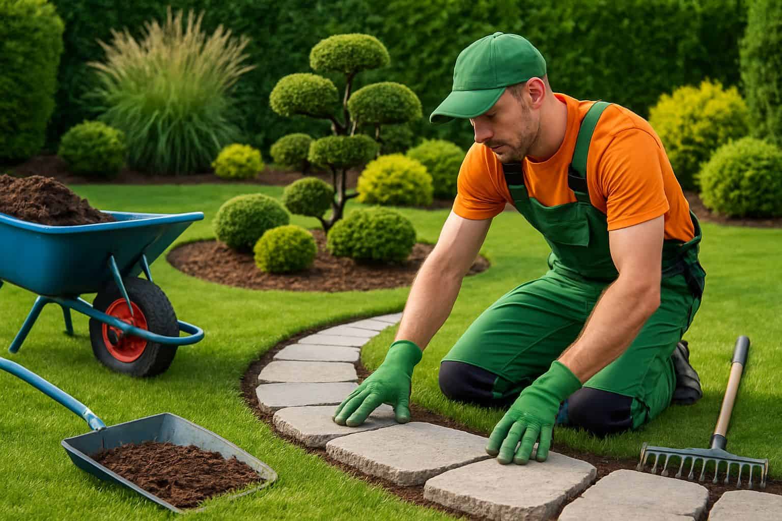 landscaper laying pavers