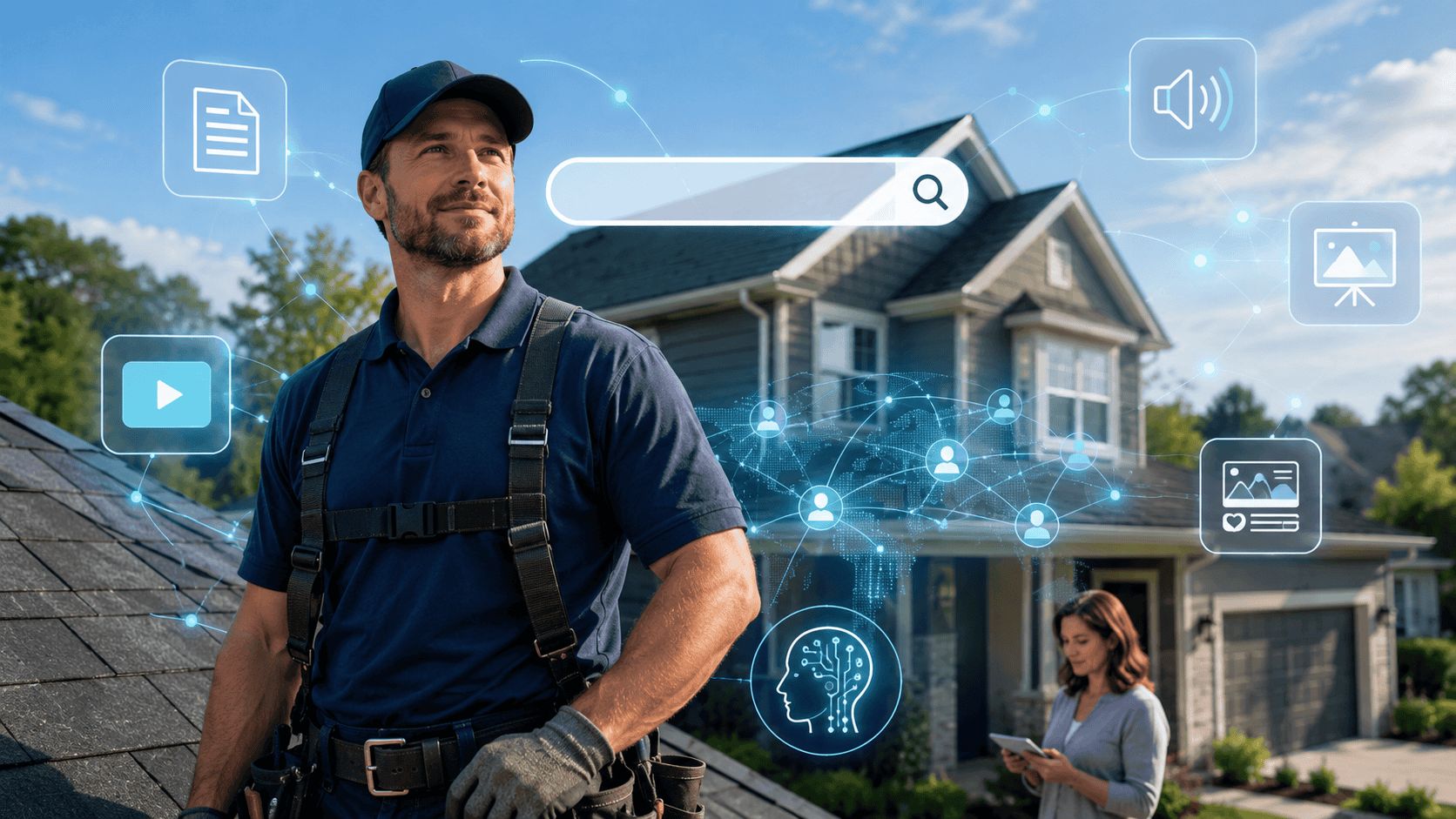 Roofing Company Content Marketing For AI Search Visibility: Service Announced roofer in a digital network world