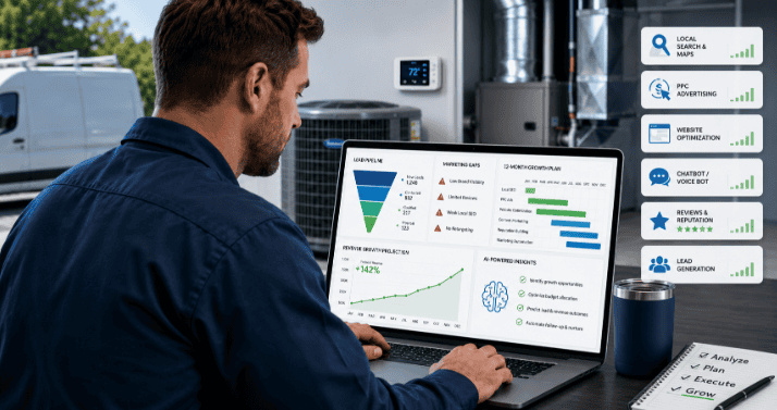 HVAC Contractor Reviewing Marketing Growth Plan HVAC contractor reviewing a digital marketing growth plan and lead generation dashboard on a laptop